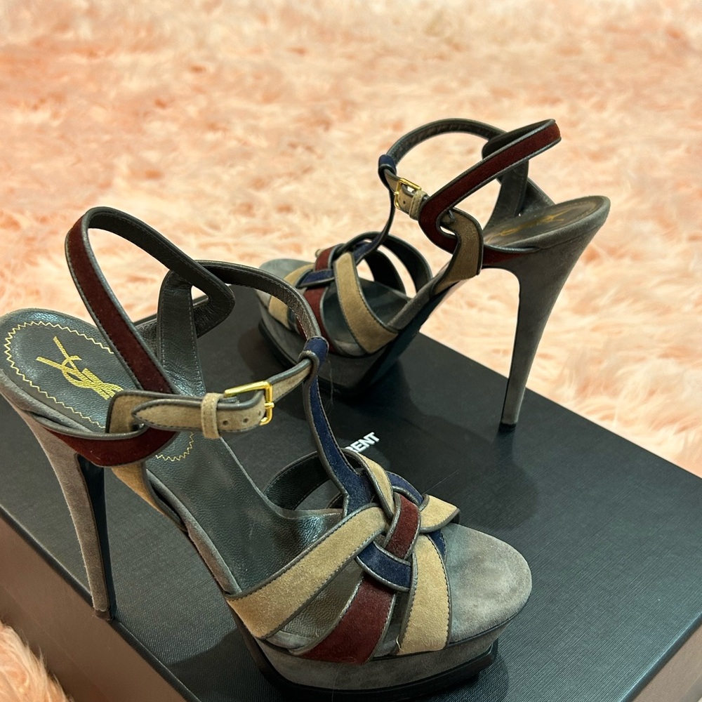 Yves Saint Laurent Black and Tan Heels with Strappy Design